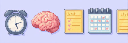Illustrating concepts of time management, cognitive function, and productivity with a clock, brain, to-do lists, and a calendar for effective organization.の素材