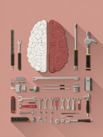 The display features a brain split in half one side shows a brain design, while the other displays tools symbolizing engineering and creativity.の素材