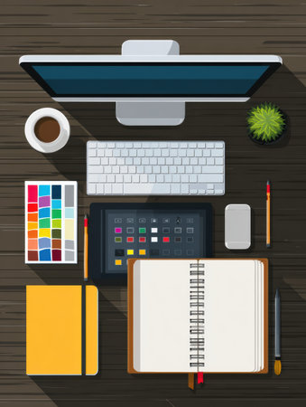 A well-organized desk is depicted with a computer, keyboard, various art supplies, notebooks, and a cup of coffee. Ideal setting for creative work or study.の素材