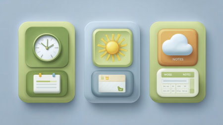 Three pastel-colored app icons showcase a clock, sun, and note-taking interface, set against a soft backdrop. Ideal for digital organization.の素材