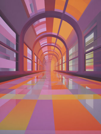A long, vibrant corridor filled with colorful lights and abstract patterns creates a striking visual effect, inviting exploration and creativity in design.の素材