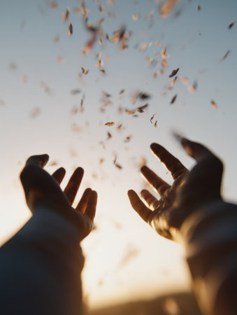 Outstretched hands catch delicate petals floating through the air at sunset, creating a peaceful atmosphere of connection with nature.の素材