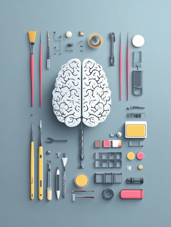 Various artistic and technical tools are organized around a white brain design, emphasizing creativity and innovation in design workの素材
