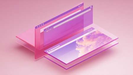 Multiple web browser windows overlay each other, showcasing a gradient of pink and purple colors, creating a futuristic digital aesthetic.の素材