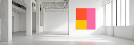 A spacious gallery showcases a modern art piece with bold colors of pink, orange, and yellow, enhancing the bright and airy atmosphere created by natural light.の素材