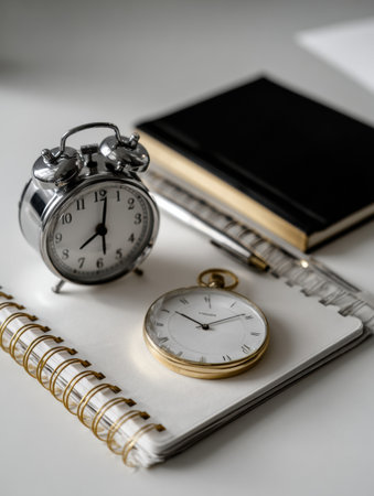 A workspace with an alarm clock and pocket watch placed on a notebook, demonstrating the importance of time management in a daytime setting.の素材