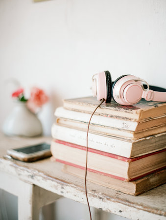 A pair of headphones is placed on a pile of books beside a smartphone, set in a warm and inviting indoor environment adorned with flowers.の素材