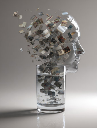 A clear glass sculpture of a human head pours out various images into a glass filled with water, symbolizing the flow of thoughts and memories.の素材