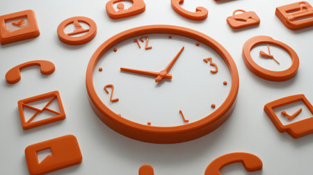 A central clock is surrounded by orange icons that symbolize time management, communication, and organization tools in a contemporary setting.の素材