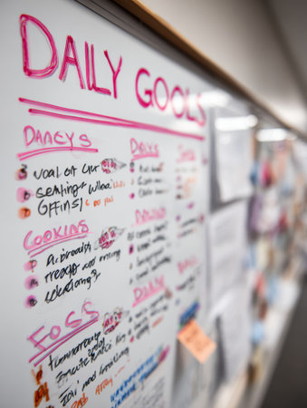 A whiteboard outlines daily goals including tasks for cooking, events, and personal reminders, showcasing organized planning in a shared workspace.の素材