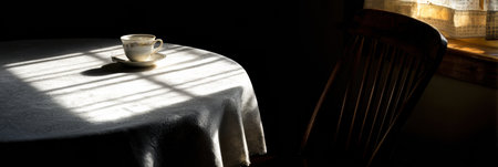 Soft morning light filters through a window, illuminating a delicate cup of coffee on a table with a lace cloth, creating a cozy ambiance.の素材
