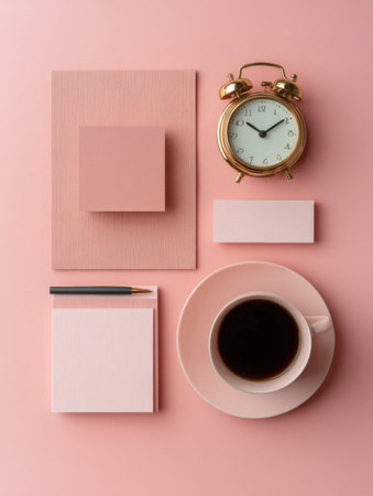On a pastel pink table, a coffee cup sits beside pink stationery, an alarm clock, and a notepad, creating a calm and organized workspace atmosphere.の素材