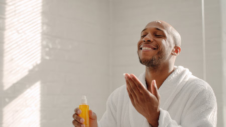 Bright sunlight fills the bathroom as a man in a white robe enjoys applying skincare product, enhancing his morning self-care routine with a joyful smile.の素材