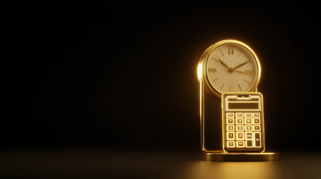A golden sculpture combining a clock and calculator stands illuminated against a dark background, highlighting its unique design and functional aesthetic.の素材