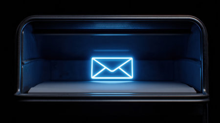Glowing neon envelope symbol is illuminated within a dark mailbox, representing the concept of digital communication and connectivity in contemporary society.の素材