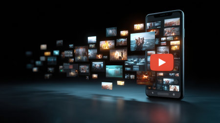 A smartphone showcases a variety of multimedia images floating around it, featuring vibrant scenes and a prominent play button, captured in low light.の素材