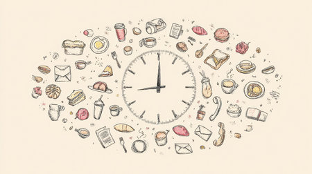 A creative composition showcases various food items arranged around a clock, symbolizing meal times through pastries, beverages, and culinary delights.の素材