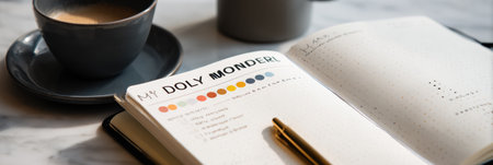 A notebook opens to a color palette page alongside a cup of coffee, resting on a marble table in a warm, inviting environment designed for creativity.の素材