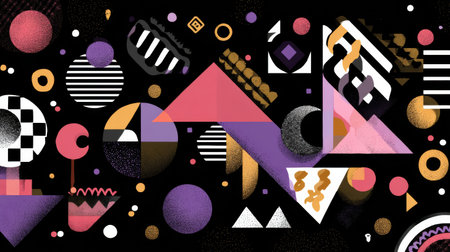 Bright geometric patterns and shapes create an eye-catching abstract design with various colors and textures set against a dark backdropの素材