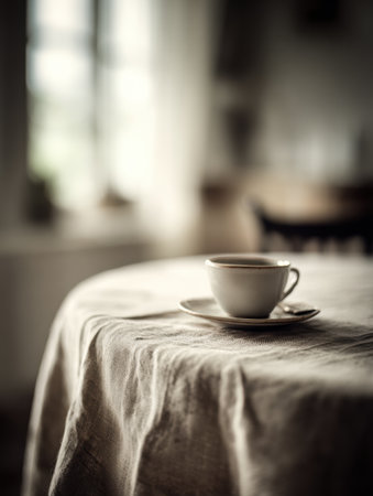 A simple white cup filled with coffee rests on a saucer atop a linen tablecloth in a softly lit room, creating a tranquil morning atmosphere.の素材