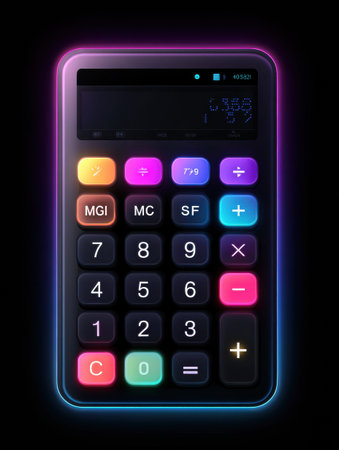 A colorful calculator features illuminated buttons and a digital display, showing casing numerical calculations in a dark setting.の素材