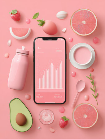 A flat lay features a smartphone with a graph, pink fruits, pastel candies, and a light pink drink for a vibrant look.の素材