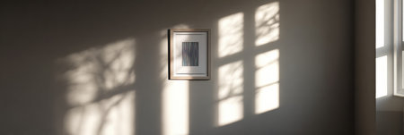 Soft afternoon light shines through a window, casting tree shadows on a minimalist wall featuring a framed piece of artwork in a calm room.の素材