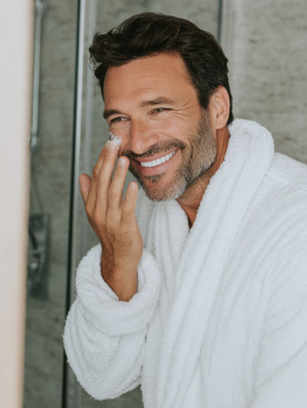 Man with a beard and warm smile applies moisturizer in a modern bathroom, enjoying his skincare routine in the bright morning light.の素材