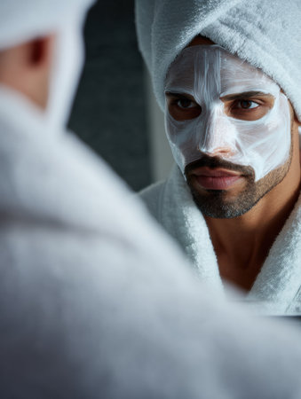 A man performs a self-care ritual in a bathroom, wearing a white robe and a facial mask, while gazing at his reflection in the mirror.の素材