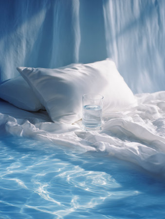 Soft white lines create a serene atmosphere with a glass of water resting on the bed, reflecting calming water patterns and light.の素材