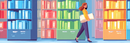 A woman strolls through a library filled with colorful bookshelves, carrying a stack of books and enjoying the atmosphere of learning and discovery.の素材