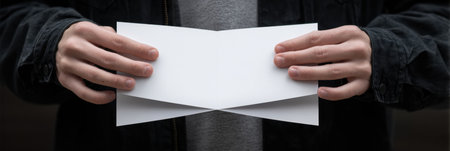 Two hands grasp a blank sheet of paper with a visible crease, positioned outdoors under natural light, suggesting intention or planning.の素材