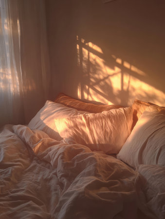 Warm sunlight gently fills a tranquil bedroom, creating soft shadows on luxurious white lines and inviting a peaceful start to the day.の素材