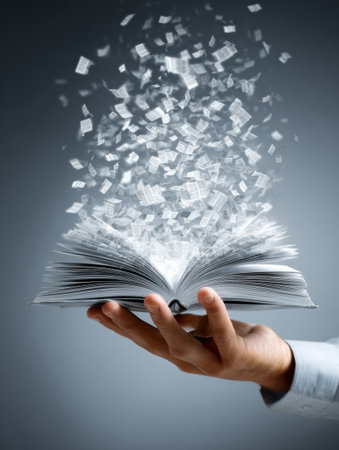 A hand holds an open book as its pages rise into the air, symbolizing the transformative nature of reading and the boundless power of creativity.の素材