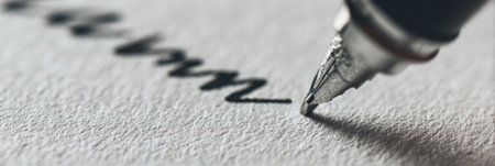 A close view of a fountain pen delicately tracing cursive letters on textured paper, capturing the elegance of handwritten calligraphy in soft lighting.の素材
