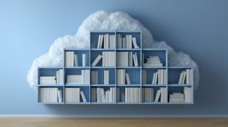 Unique bookshelf shaped like a cloud holds various books against a light blue wall, showing a blend of creativity and modern interior design.の素材