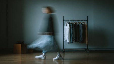 A person walks swiftly past a clothing rack displaying various styles in a softly lit minimalist studio during the afternoon hoursの素材