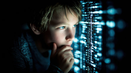 A curious young boy intently examines glowing digital data patterns on a screen in a dimly lit room, lost in thought and fascination.の素材