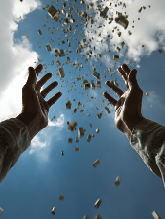 Hands are stretched upward as money flows down from the heavens, creating a sense of abundance under a clear blue sky with fluffy clouds.の素材
