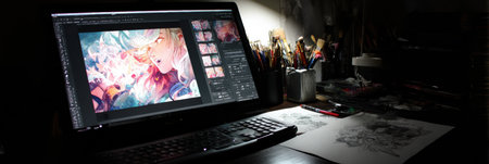 An artists workspace illuminated at night, showcasing colorful digital art on screen alongside sketches and various tools highlighting artistic creativity.の素材