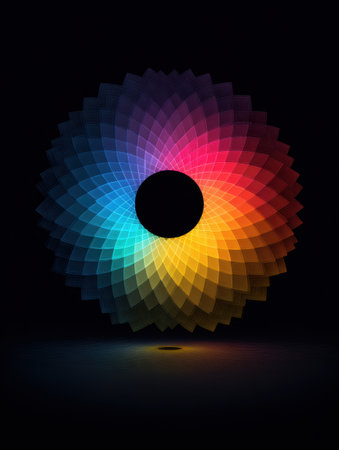 A striking circular design features a gradient of vibrant colors radiating from the center, creating a captivating visual effect in a dark setting.の素材