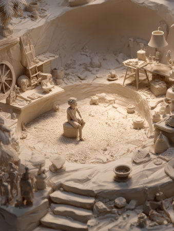 A serene crafting space filled with tools and artifacts surrounds a thoughtful figure, showing creativity and inspiration.の素材