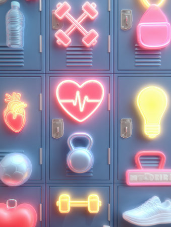 Bright neon icons adorn gym lockers, showcasing fitness elements like weights, a heart symbol, and sports gear, creating an energetic atmosphere for exercise.の素材