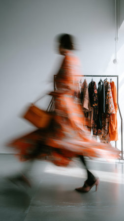 Brightly colored orange dress swirls around model as she walks swiftly past a stylish clothing rack filled with various garments in a contemporary studio.の素材
