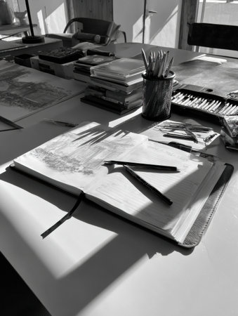A creative work area showcases a spacious table with an open sketchbook surrounded by various drawing tools and materials illuminated by sunlight.の素材