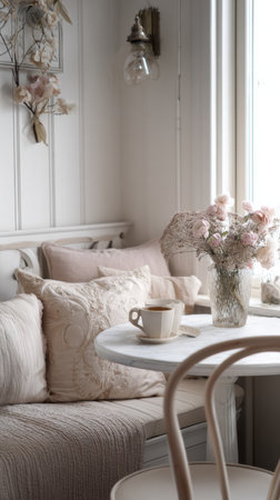 Soft light fills a stylish living space with a cozy seating area, pillows, a vase of pastel flowers, and a cup of coffee.の素材