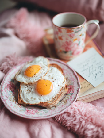 Enjoying a simple yet delightful breakfast featuring fried eggs on toast, a cup of coffee, and an open book on a soft pink blanket.の素材