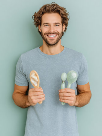 Man with curly hair smiles while holding a hairbrush and skincare tools, standing in a calming pastel environment during a self-care routine.の素材