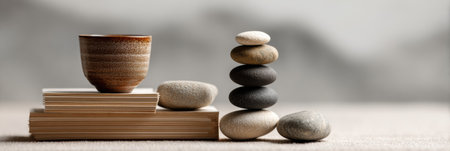 A stack of smooth stones rises gracefully next to a rustic cup resting on books, creating a serene atmosphere in a tranquil indoor space.の素材