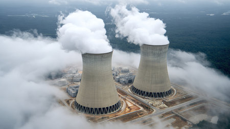 Steam rises from two large cooling towers at a power plant surrounded by forest, creating a striking contrast against the overcast sky above.の素材